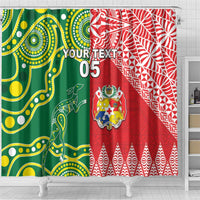 Custom Tonga XIII And Australia Kangaroos Shower Curtain Mate Maa Tongan Ngatu With Aboriginal LT05 - Polynesian Pride