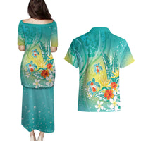 Hawaii Honu Couples Matching Puletasi and Hawaiian Shirt Tropical Flowers Turquoise Gradient LT05 - Polynesian Pride