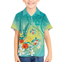 Hawaii Honu Family Matching Off Shoulder Maxi Dress and Hawaiian Shirt Tropical Flowers Turquoise Gradient