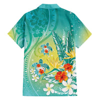 Hawaii Honu Family Matching Short Sleeve Bodycon Dress and Hawaiian Shirt Tropical Flowers Turquoise Gradient