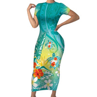 Hawaii Honu Short Sleeve Bodycon Dress Tropical Flowers Turquoise Gradient LT05 Long Dress Turquoise - Polynesian Pride
