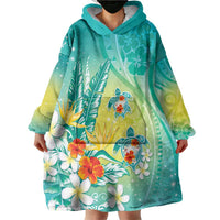 Hawaii Honu Wearable Blanket Hoodie Tropical Flowers Turquoise Gradient