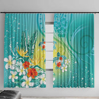 Hawaii Honu Window Curtain Tropical Flowers Turquoise Gradient