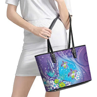 Hawaii Honu Leather Tote Bag Tropical Flowers Purple Gradient
