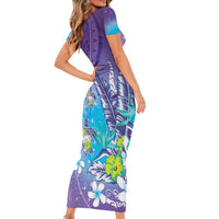 Hawaii Honu Short Sleeve Bodycon Dress Tropical Flowers Purple Gradient LT05 - Polynesian Pride