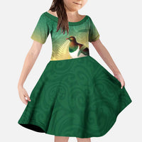 New Zealand Pigeon Kereru Kid Short Sleeve Dress Maori Fern Art Green Gradient - Polynesian Pride