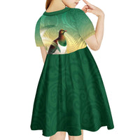 New Zealand Pigeon Kereru Kid Short Sleeve Dress Maori Fern Art Green Gradient - Polynesian Pride