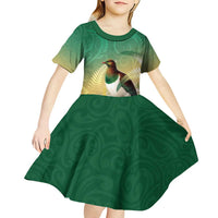 New Zealand Pigeon Kereru Kid Short Sleeve Dress Maori Fern Art Green Gradient - Polynesian Pride
