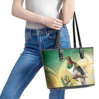 New Zealand Pigeon Kereru Leather Tote Bag Maori Fern Art Green Gradient - Polynesian Pride