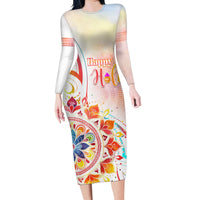Happy Holi Festival Family Matching Long Sleeve Bodycon Dress and Hawaiian Shirt Rangoli With Polynesian Pattern LT05 Mom's Dress White - Polynesian Pride