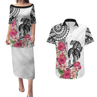 White Polynesian Hammerhead Shark Tribal Pattern Couples Matching Puletasi and Hawaiian Shirt