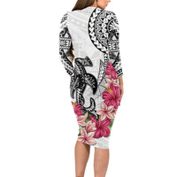 White Polynesian Hammerhead Shark Tribal Pattern Long Sleeve Bodycon Dress