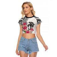 White Polynesian Hammerhead Shark Tribal Pattern Raglan Cropped T Shirt