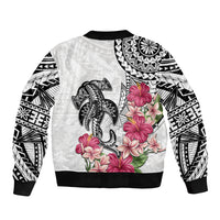White Polynesian Hammerhead Shark Tribal Pattern Sleeve Zip Bomber Jacket