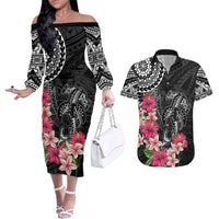 Black Polynesian Hammerhead Shark Tribal Pattern Couples Matching Off The Shoulder Long Sleeve Dress and Hawaiian Shirt