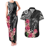 Black Polynesian Hammerhead Shark Tribal Pattern Couples Matching Tank Maxi Dress and Hawaiian Shirt