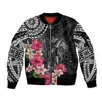 Black Polynesian Hammerhead Shark Tribal Pattern Sleeve Zip Bomber Jacket