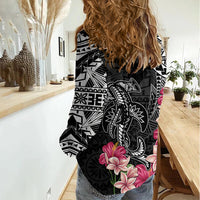 Black Polynesian Hammerhead Shark Tribal Pattern Women Casual Shirt