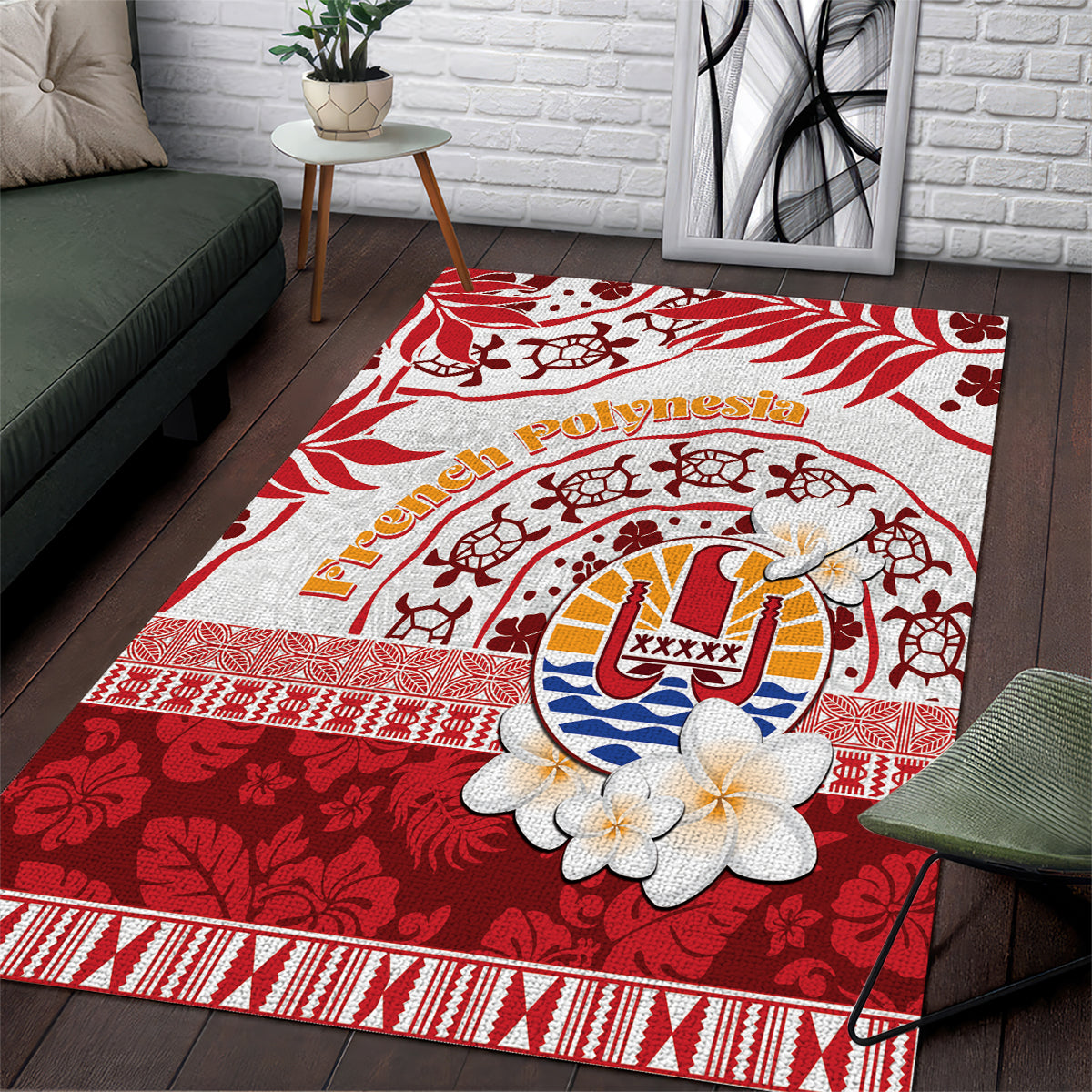 French Polynesia Internal Autonomy Day Area Rug Tropical Hibiscus And Turtle Pattern