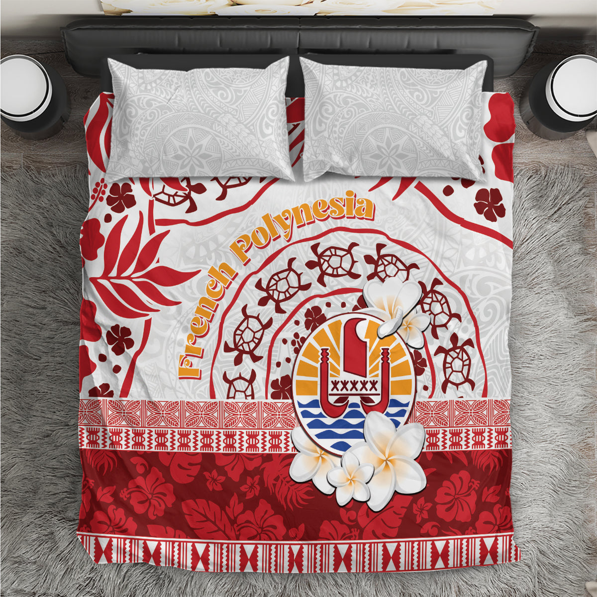 French Polynesia Internal Autonomy Day Bedding Set Tropical Hibiscus And Turtle Pattern