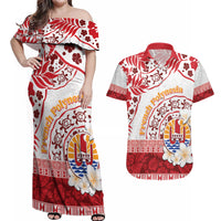French Polynesia Internal Autonomy Day Couples Matching Off Shoulder Maxi Dress and Hawaiian Shirt Tropical Hibiscus And Turtle Pattern LT05 Red - Polynesian Pride