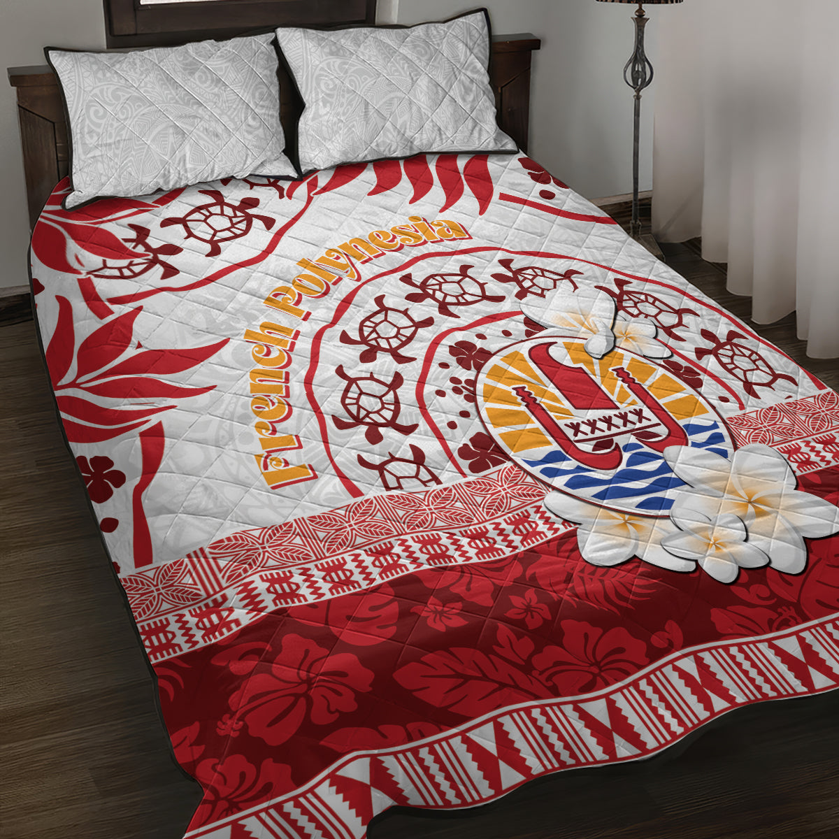 French Polynesia Internal Autonomy Day Quilt Bed Set Tropical Hibiscus And Turtle Pattern