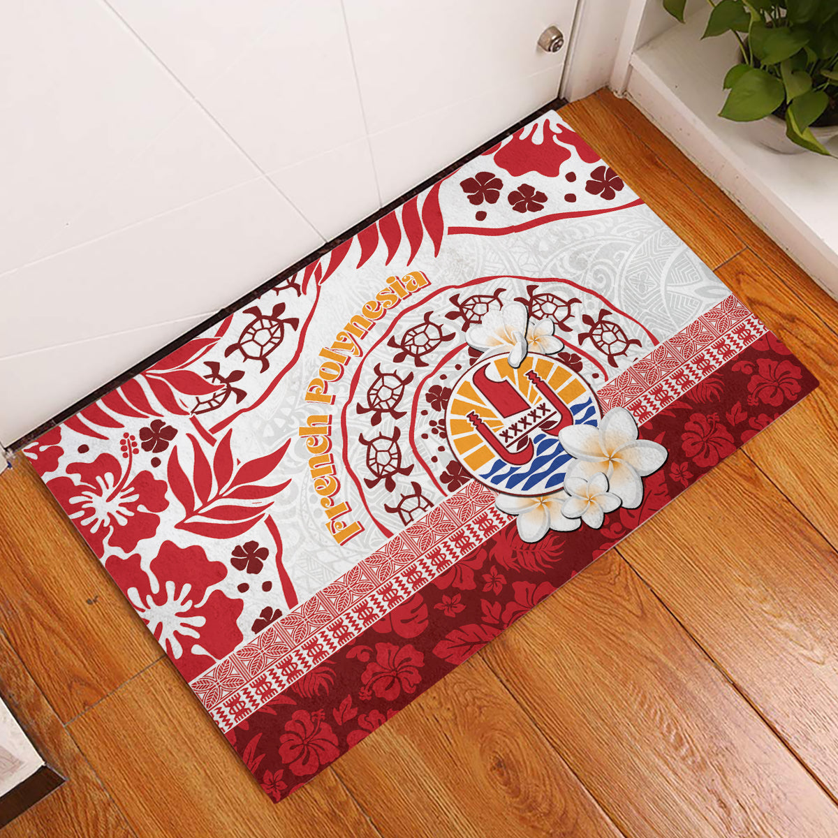 French Polynesia Internal Autonomy Day Rubber Doormat Tropical Hibiscus And Turtle Pattern