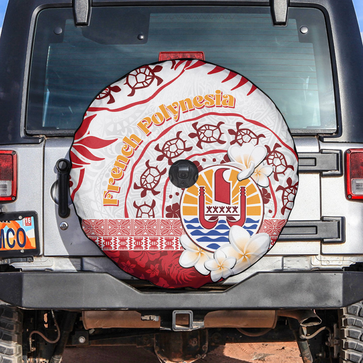 French Polynesia Internal Autonomy Day Spare Tire Cover Tropical Hibiscus And Turtle Pattern