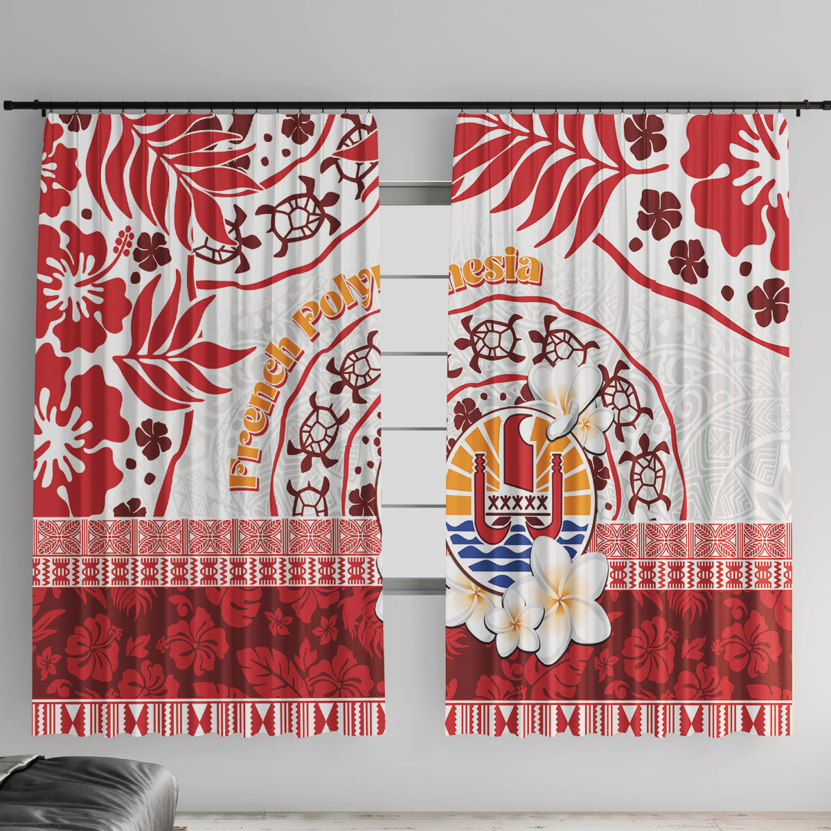 French Polynesia Internal Autonomy Day Window Curtain Tropical Hibiscus And Turtle Pattern