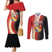 Personalised Tonga Emancipation Day Couples Matching Mermaid Dress and Long Sleeve Button Shirt Tongan Ngatu Pattern With Plumeria LT05 Red - Polynesian Pride