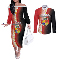 Personalised Tonga Emancipation Day Couples Matching Off The Shoulder Long Sleeve Dress and Long Sleeve Button Shirt Tongan Ngatu Pattern With Plumeria LT05 Red - Polynesian Pride