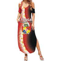 Personalised Tonga Emancipation Day Family Matching Summer Maxi Dress and Hawaiian Shirt Tongan Ngatu Pattern With Plumeria LT05 Mom's Dress Red - Polynesian Pride