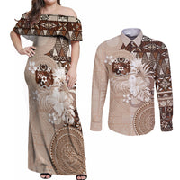 Tonga Ngatu Motifs Couples Matching Off Shoulder Maxi Dress and Long Sleeve Button Shirt With Coat Of Arms Beige LT05 Beige - Polynesian Pride