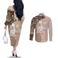 Tonga Ngatu Motifs Couples Matching Off The Shoulder Long Sleeve Dress and Long Sleeve Button Shirt With Coat Of Arms Beige LT05 - Polynesian Pride