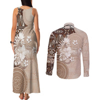 Tonga Ngatu Motifs Couples Matching Tank Maxi Dress and Long Sleeve Button Shirt With Coat Of Arms Beige LT05 - Polynesian Pride
