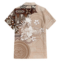 Tonga Ngatu Motifs Family Matching Long Sleeve Bodycon Dress and Hawaiian Shirt With Coat Of Arms Beige LT05 - Polynesian Pride