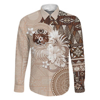 Tonga Ngatu Motifs Family Matching Tank Maxi Dress and Hawaiian Shirt With Coat Of Arms Beige LT05 Dad's Shirt - Long Sleeve Beige - Polynesian Pride