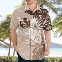 Tonga Ngatu Motifs Hawaiian Shirt With Coat Of Arms Beige LT05 - Polynesian Pride