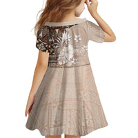 Tonga Ngatu Motifs Kid Short Sleeve Dress With Coat Of Arms Beige LT05 - Polynesian Pride
