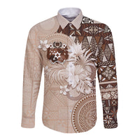 Tonga Ngatu Motifs Long Sleeve Button Shirt With Coat Of Arms Beige LT05 Unisex Beige - Polynesian Pride