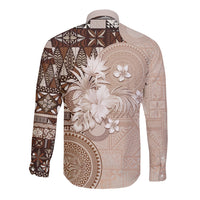 Tonga Ngatu Motifs Long Sleeve Button Shirt With Coat Of Arms Beige LT05 - Polynesian Pride
