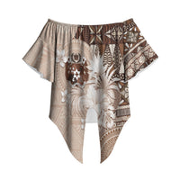 Tonga Ngatu Motifs Off Shoulder Wrap Waist Top With Coat Of Arms Beige LT05 Beige - Polynesian Pride