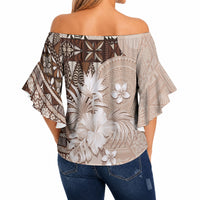 Tonga Ngatu Motifs Off Shoulder Wrap Waist Top With Coat Of Arms Beige LT05 - Polynesian Pride