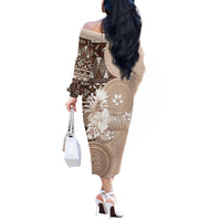 Tonga Ngatu Motifs Off The Shoulder Long Sleeve Dress With Coat Of Arms Beige LT05 - Polynesian Pride