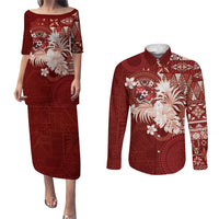 Tonga Ngatu Motifs Couples Matching Puletasi and Long Sleeve Button Shirt With Coat Of Arms Red LT05 Red - Polynesian Pride