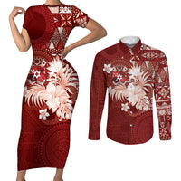 Tonga Ngatu Motifs Couples Matching Short Sleeve Bodycon Dress and Long Sleeve Button Shirt With Coat Of Arms Red LT05 Red - Polynesian Pride