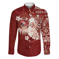 Tonga Ngatu Motifs Family Matching Summer Maxi Dress and Hawaiian Shirt With Coat Of Arms Red LT05 Dad's Shirt - Long Sleeve Red - Polynesian Pride