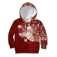 Tonga Ngatu Motifs Kid Hoodie With Coat Of Arms Red LT05 Hoodie Red - Polynesian Pride