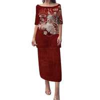 Tonga Ngatu Motifs Puletasi With Coat Of Arms Red LT05 Long Dress Red - Polynesian Pride
