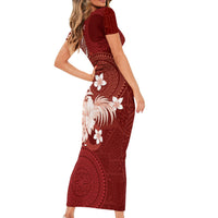 Tonga Ngatu Motifs Short Sleeve Bodycon Dress With Coat Of Arms Red LT05 - Polynesian Pride